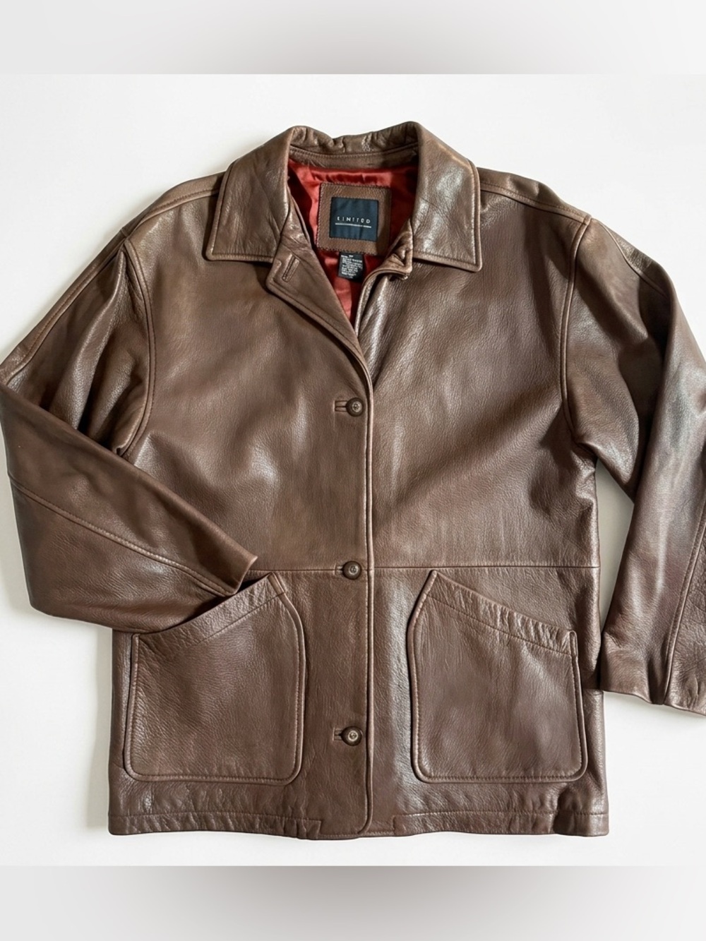 THE LIMITED BROWN LEATHER VINTAGE BUTTON FRONT CAR COAT LEATHER JACKET 90’s